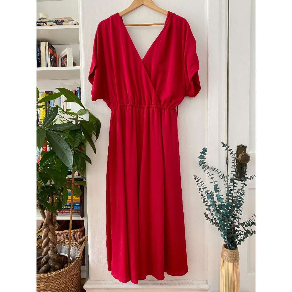 Red Wide-Leg Faux-Wrap Jumpsuit with Tie-Back